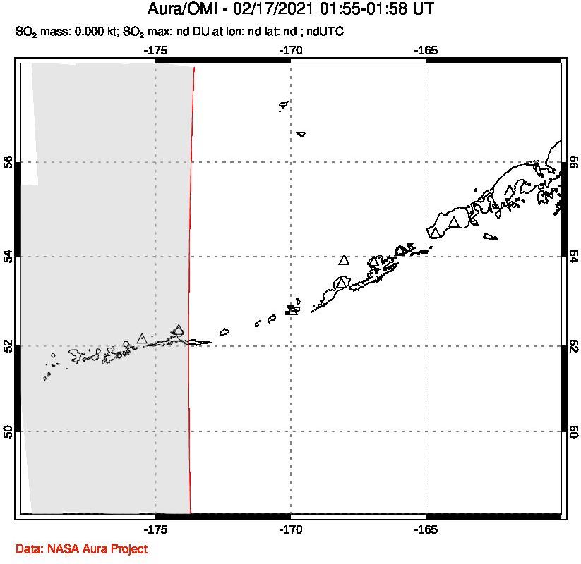 A sulfur dioxide image over Aleutian Islands, Alaska, USA on Feb 17, 2021.