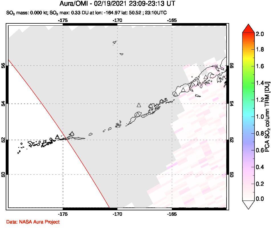A sulfur dioxide image over Aleutian Islands, Alaska, USA on Feb 19, 2021.