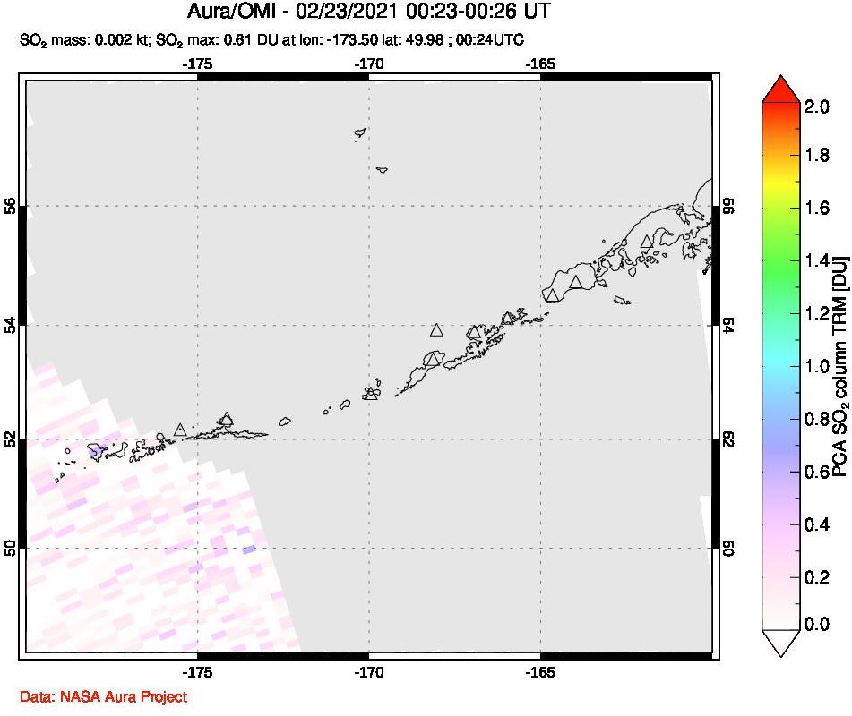 A sulfur dioxide image over Aleutian Islands, Alaska, USA on Feb 23, 2021.