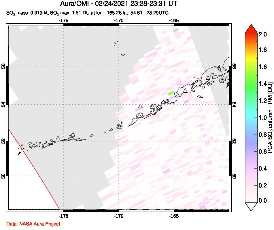 A sulfur dioxide image over Aleutian Islands, Alaska, USA on Feb 24, 2021.