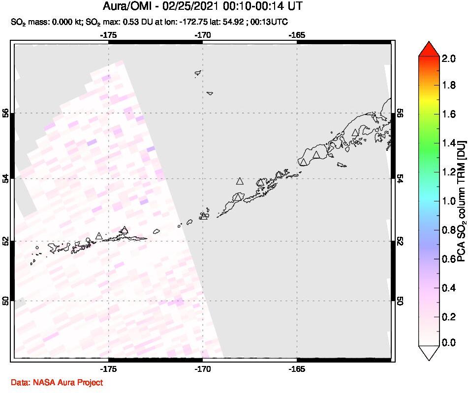 A sulfur dioxide image over Aleutian Islands, Alaska, USA on Feb 25, 2021.