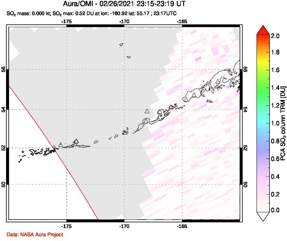 A sulfur dioxide image over Aleutian Islands, Alaska, USA on Feb 26, 2021.