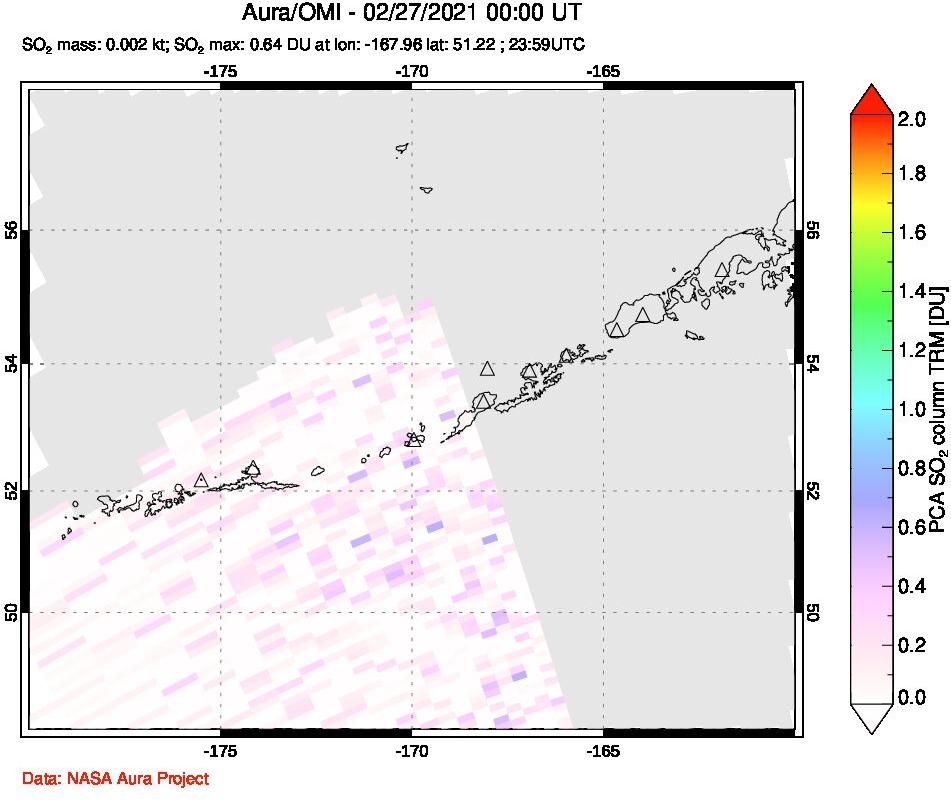 A sulfur dioxide image over Aleutian Islands, Alaska, USA on Feb 27, 2021.