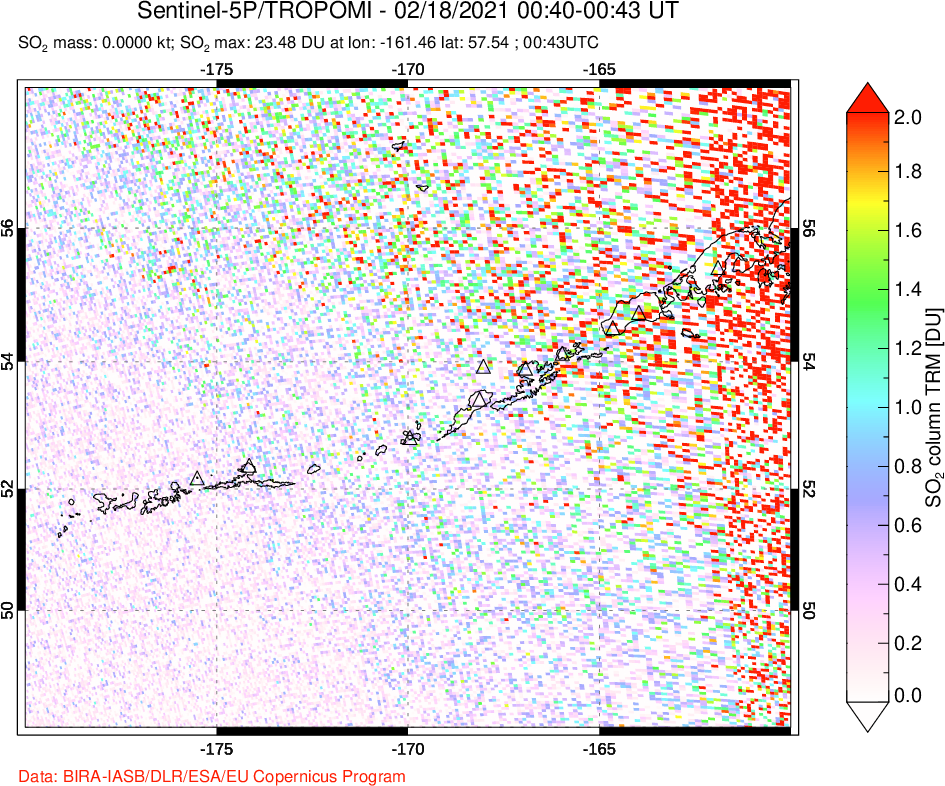 A sulfur dioxide image over Aleutian Islands, Alaska, USA on Feb 18, 2021.