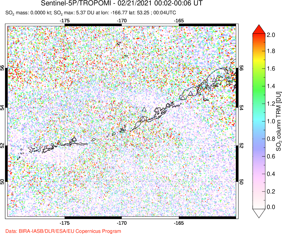 A sulfur dioxide image over Aleutian Islands, Alaska, USA on Feb 21, 2021.