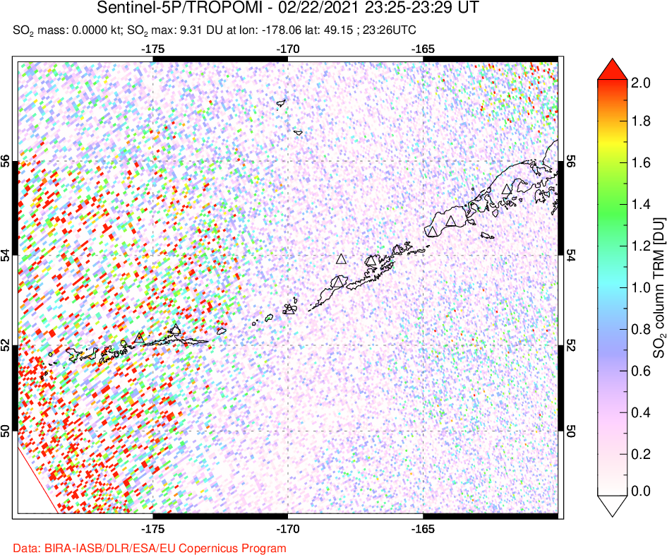 A sulfur dioxide image over Aleutian Islands, Alaska, USA on Feb 22, 2021.