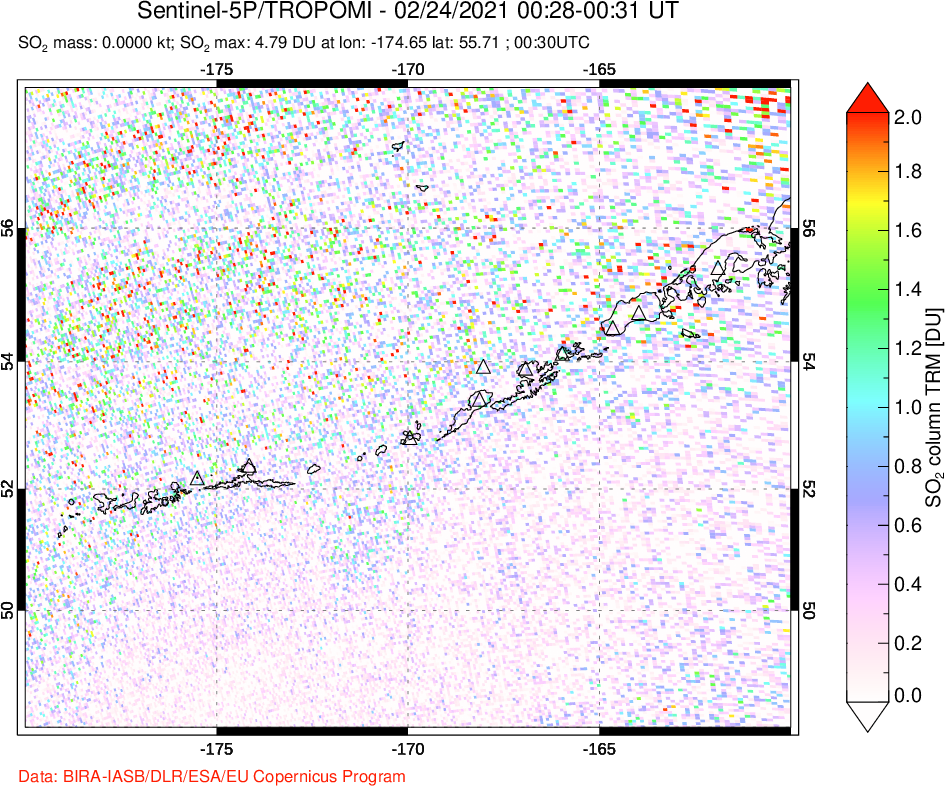 A sulfur dioxide image over Aleutian Islands, Alaska, USA on Feb 24, 2021.