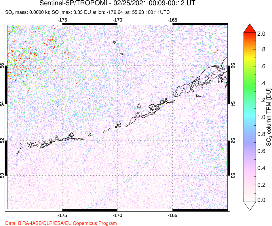 A sulfur dioxide image over Aleutian Islands, Alaska, USA on Feb 25, 2021.