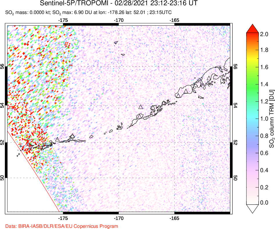A sulfur dioxide image over Aleutian Islands, Alaska, USA on Feb 28, 2021.