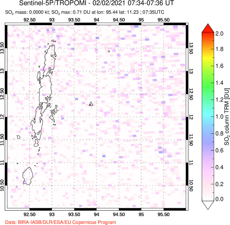 A sulfur dioxide image over Andaman Islands, Indian Ocean on Feb 02, 2021.