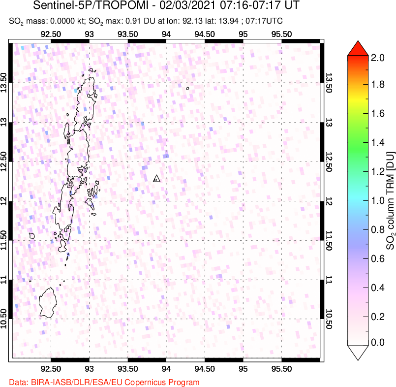 A sulfur dioxide image over Andaman Islands, Indian Ocean on Feb 03, 2021.