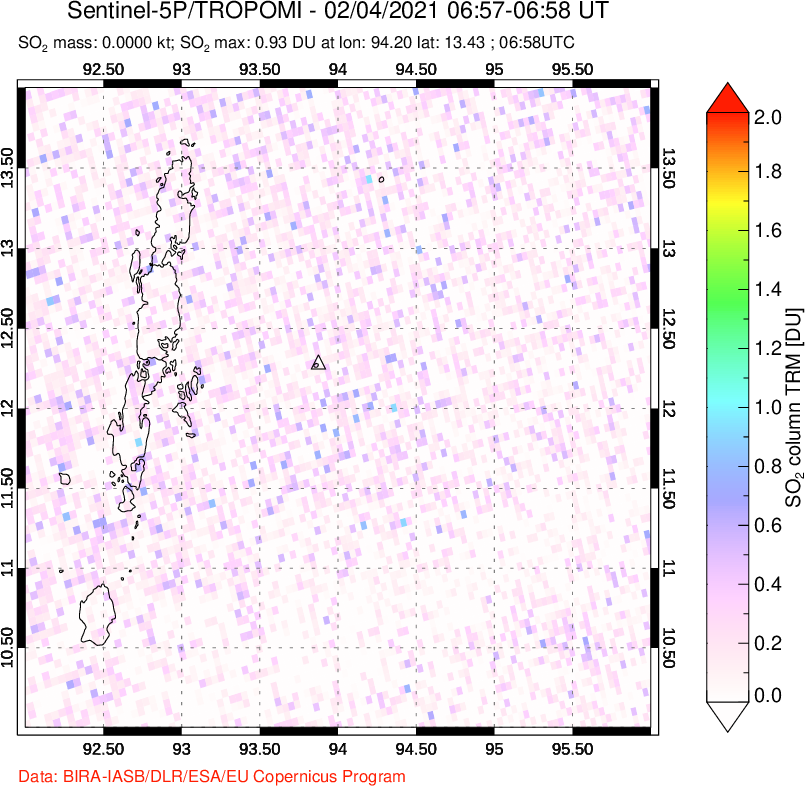 A sulfur dioxide image over Andaman Islands, Indian Ocean on Feb 04, 2021.