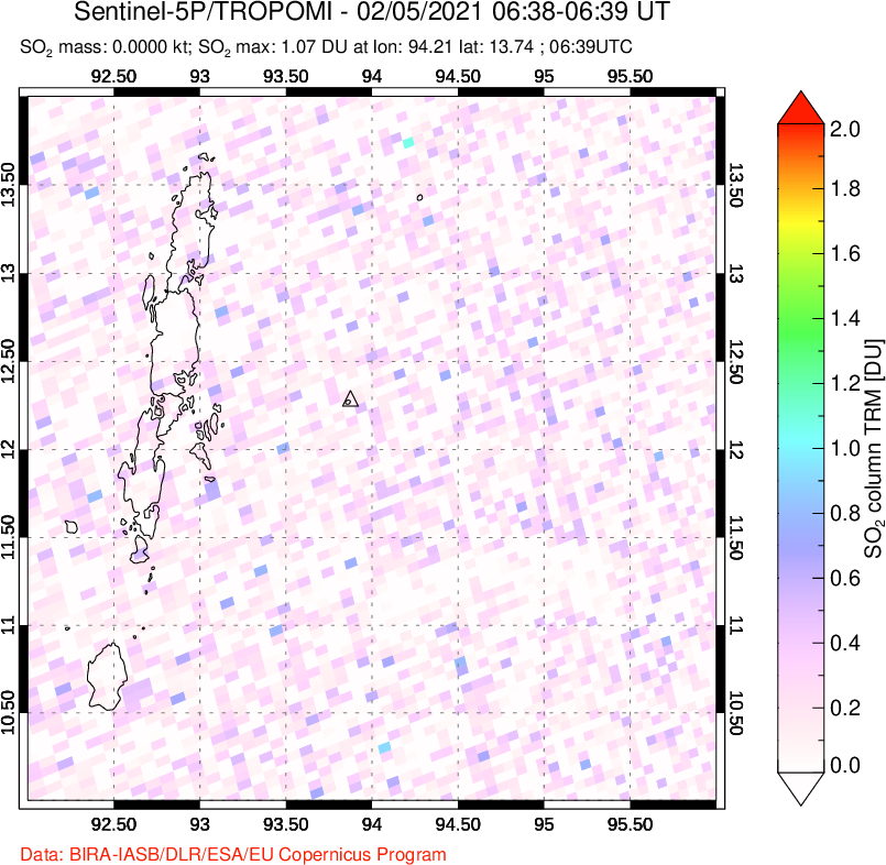 A sulfur dioxide image over Andaman Islands, Indian Ocean on Feb 05, 2021.