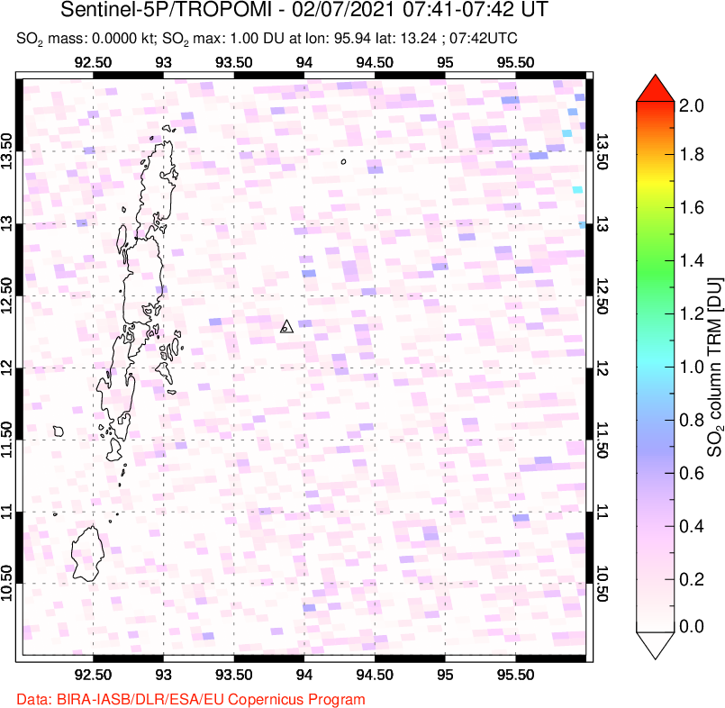 A sulfur dioxide image over Andaman Islands, Indian Ocean on Feb 07, 2021.