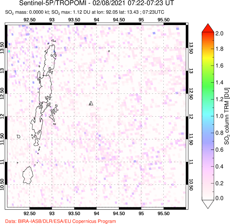 A sulfur dioxide image over Andaman Islands, Indian Ocean on Feb 08, 2021.