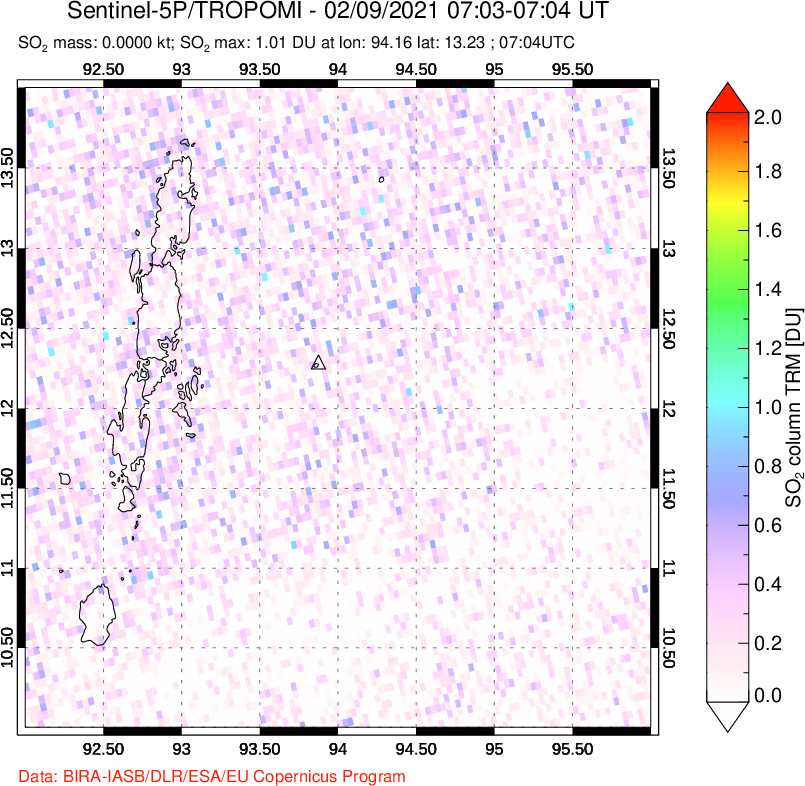 A sulfur dioxide image over Andaman Islands, Indian Ocean on Feb 09, 2021.