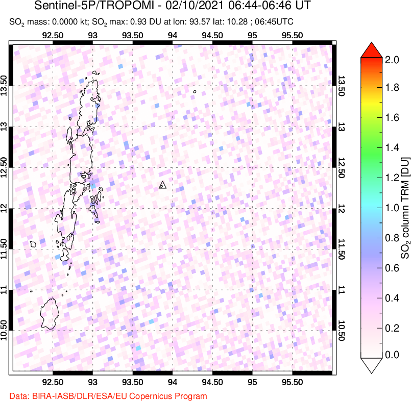 A sulfur dioxide image over Andaman Islands, Indian Ocean on Feb 10, 2021.