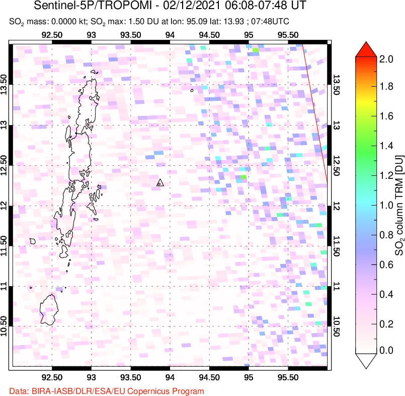 A sulfur dioxide image over Andaman Islands, Indian Ocean on Feb 12, 2021.