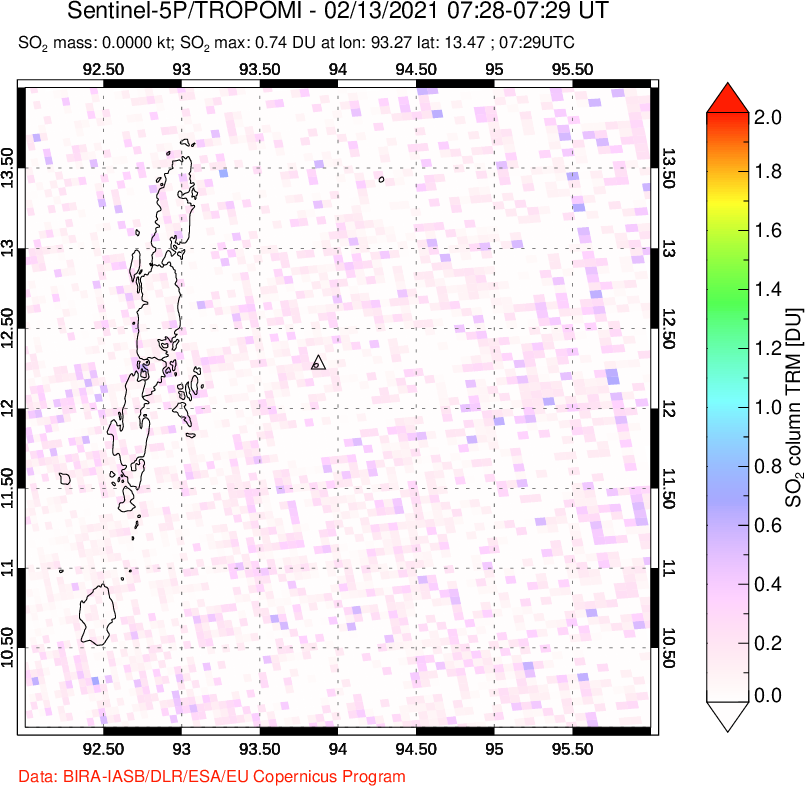 A sulfur dioxide image over Andaman Islands, Indian Ocean on Feb 13, 2021.