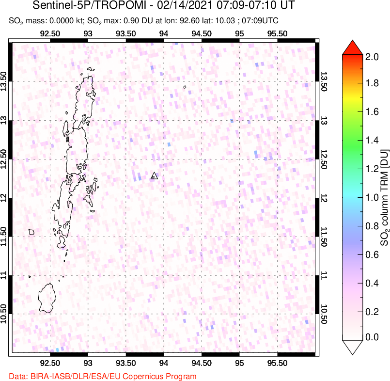A sulfur dioxide image over Andaman Islands, Indian Ocean on Feb 14, 2021.