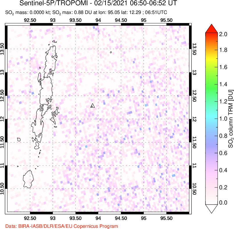 A sulfur dioxide image over Andaman Islands, Indian Ocean on Feb 15, 2021.