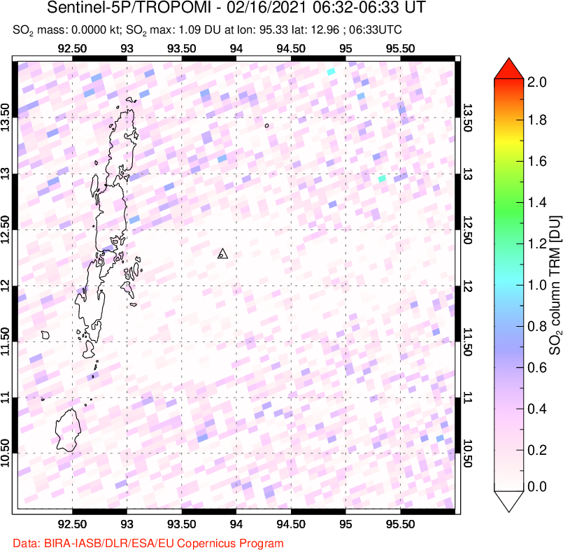 A sulfur dioxide image over Andaman Islands, Indian Ocean on Feb 16, 2021.