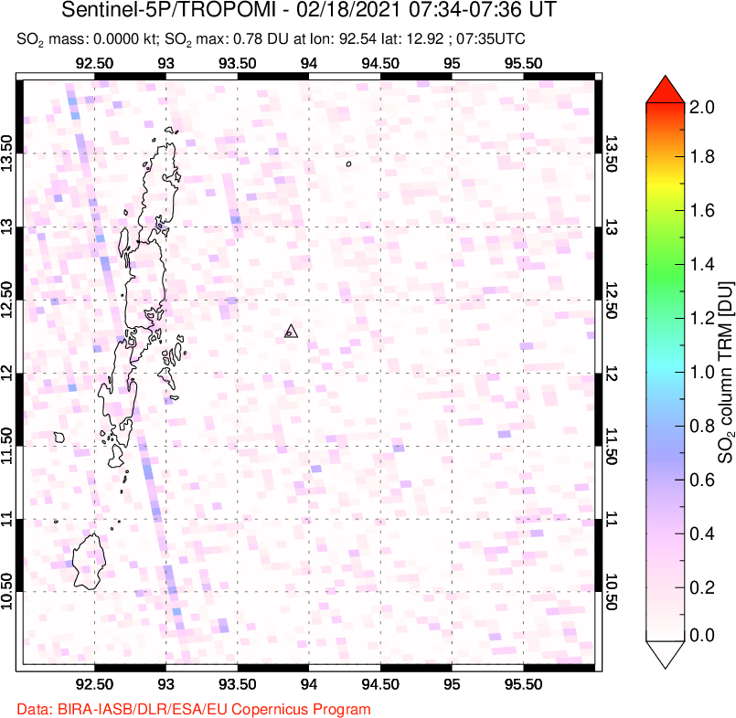 A sulfur dioxide image over Andaman Islands, Indian Ocean on Feb 18, 2021.