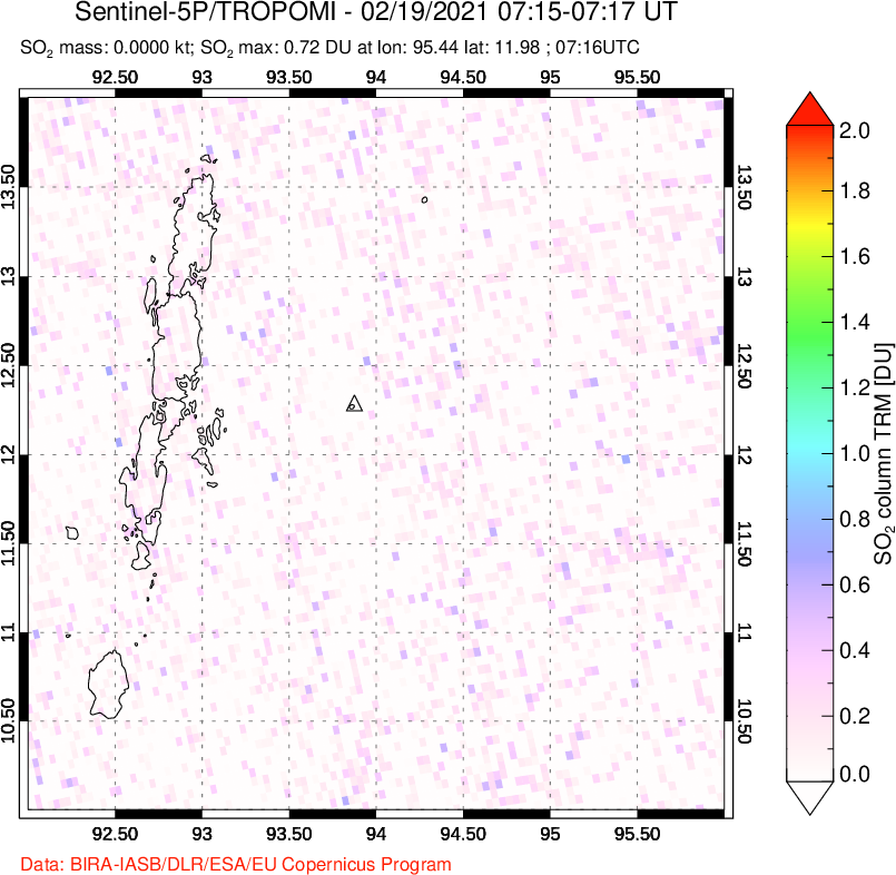 A sulfur dioxide image over Andaman Islands, Indian Ocean on Feb 19, 2021.