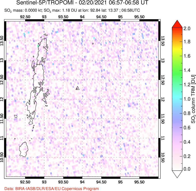 A sulfur dioxide image over Andaman Islands, Indian Ocean on Feb 20, 2021.