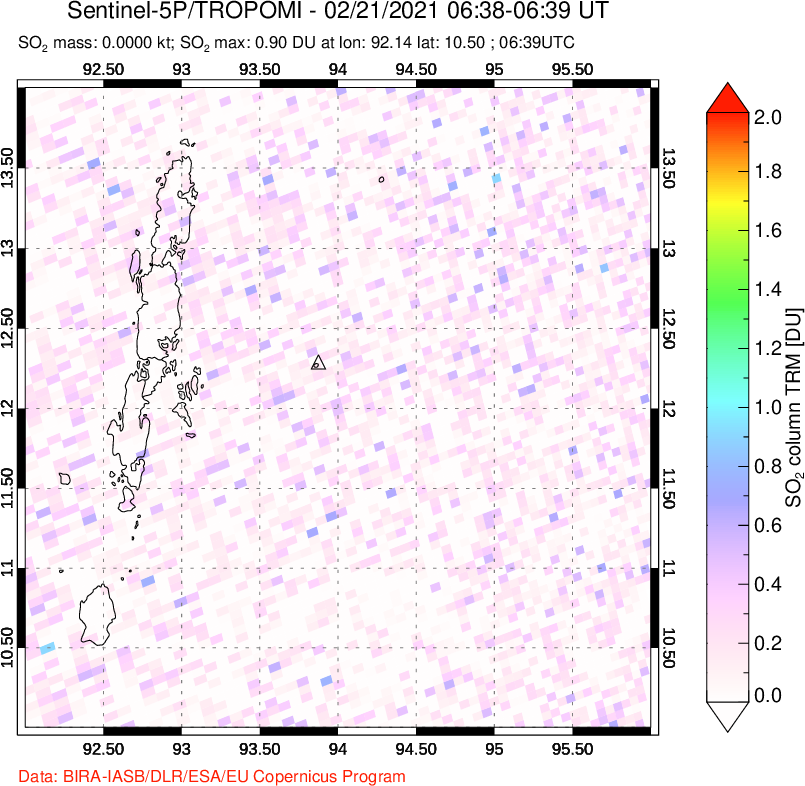 A sulfur dioxide image over Andaman Islands, Indian Ocean on Feb 21, 2021.