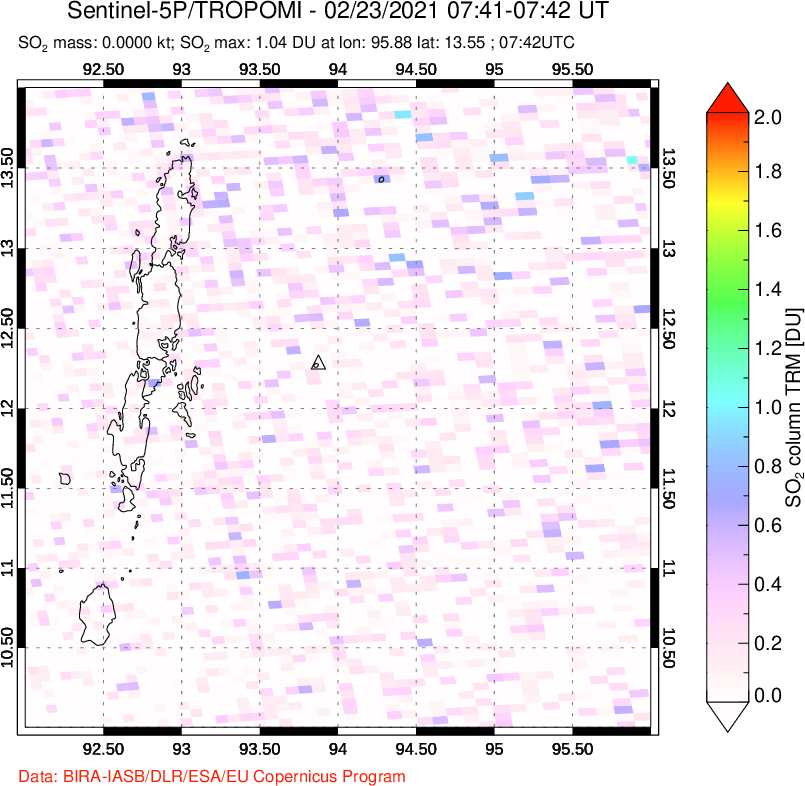 A sulfur dioxide image over Andaman Islands, Indian Ocean on Feb 23, 2021.