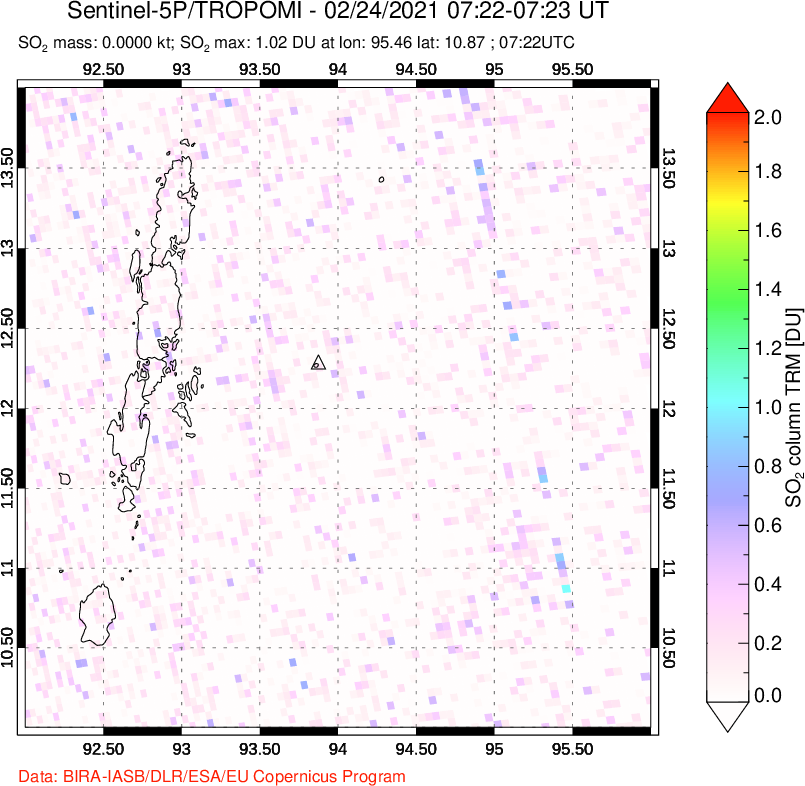 A sulfur dioxide image over Andaman Islands, Indian Ocean on Feb 24, 2021.
