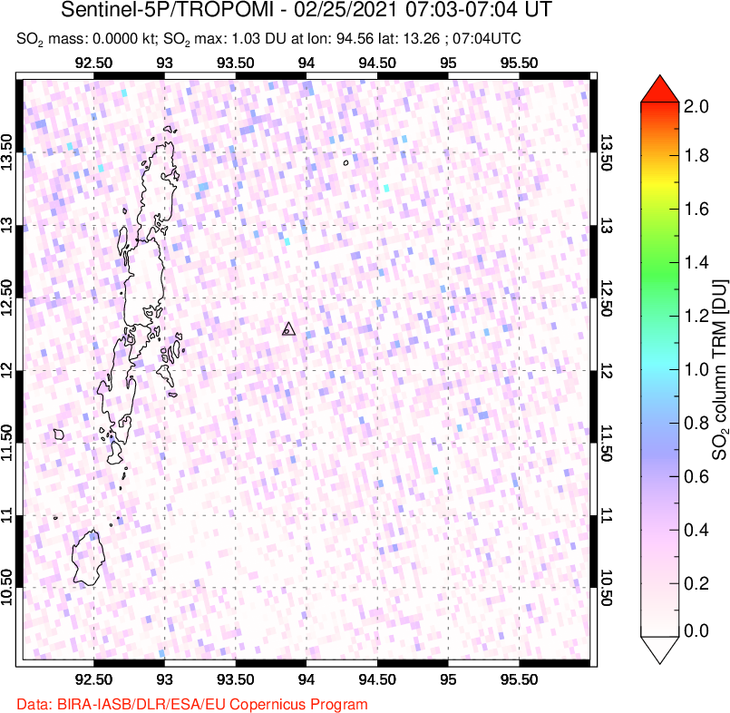 A sulfur dioxide image over Andaman Islands, Indian Ocean on Feb 25, 2021.