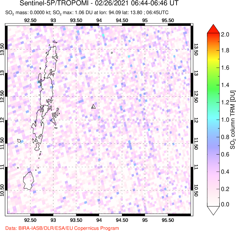 A sulfur dioxide image over Andaman Islands, Indian Ocean on Feb 26, 2021.