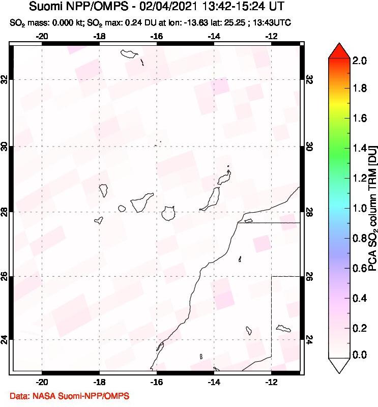 A sulfur dioxide image over Canary Islands on Feb 04, 2021.