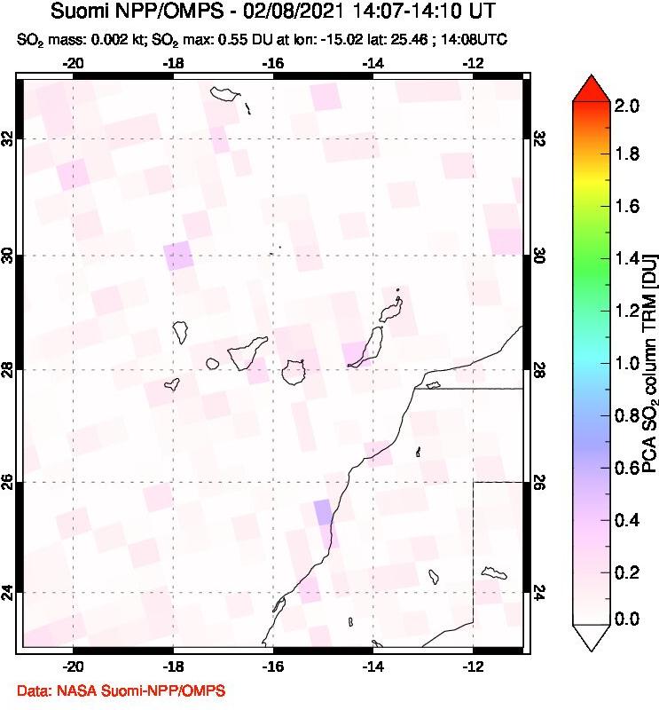 A sulfur dioxide image over Canary Islands on Feb 08, 2021.