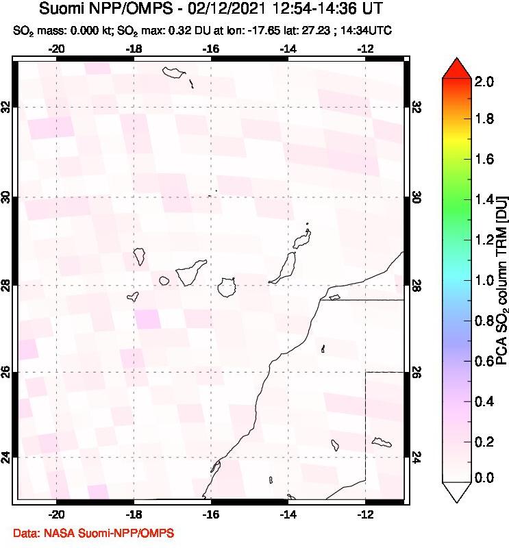 A sulfur dioxide image over Canary Islands on Feb 12, 2021.