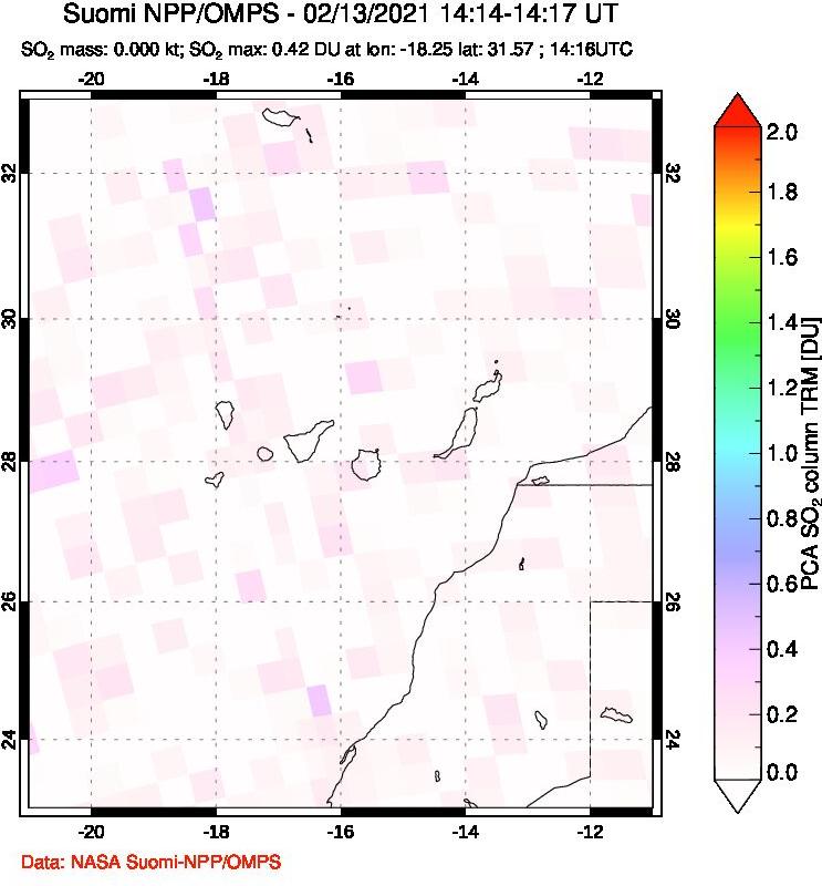 A sulfur dioxide image over Canary Islands on Feb 13, 2021.