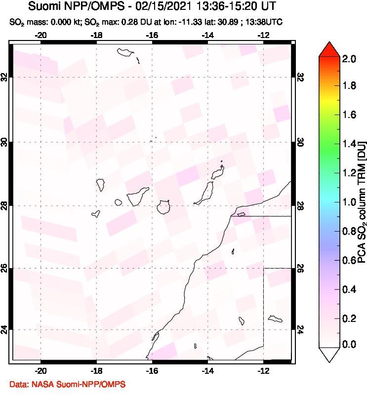 A sulfur dioxide image over Canary Islands on Feb 15, 2021.