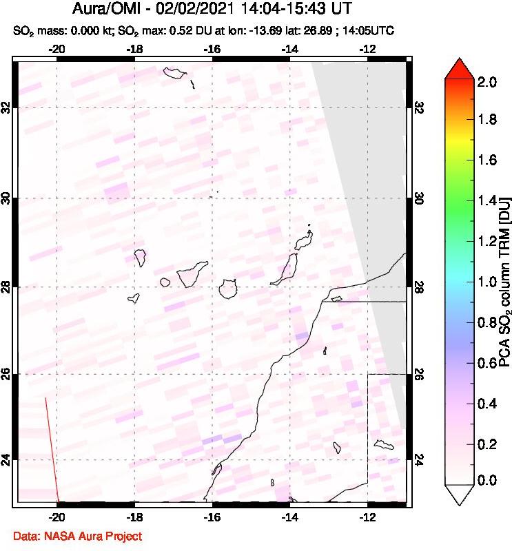 A sulfur dioxide image over Canary Islands on Feb 02, 2021.
