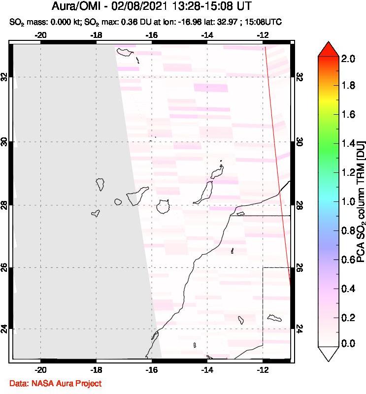 A sulfur dioxide image over Canary Islands on Feb 08, 2021.