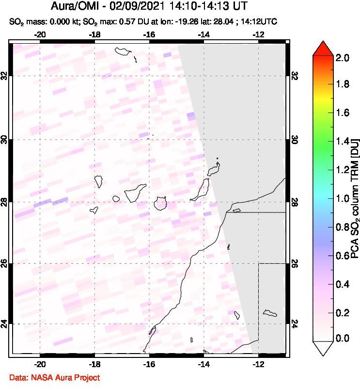 A sulfur dioxide image over Canary Islands on Feb 09, 2021.