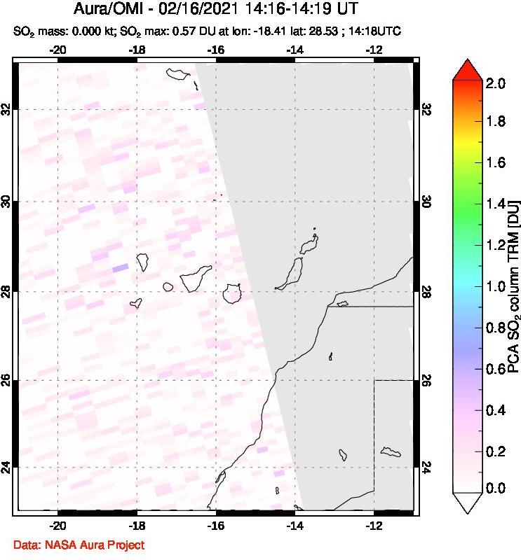 A sulfur dioxide image over Canary Islands on Feb 16, 2021.