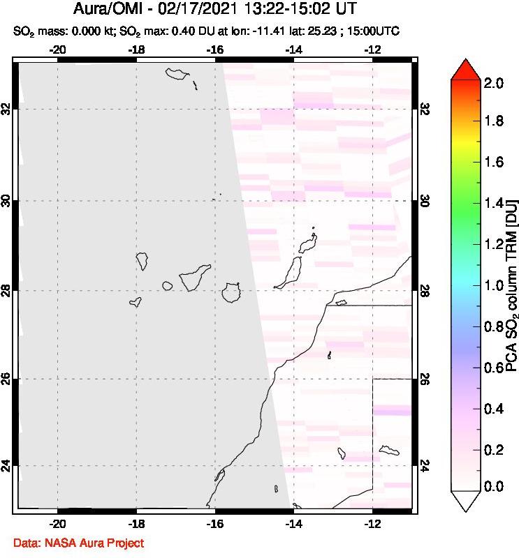 A sulfur dioxide image over Canary Islands on Feb 17, 2021.