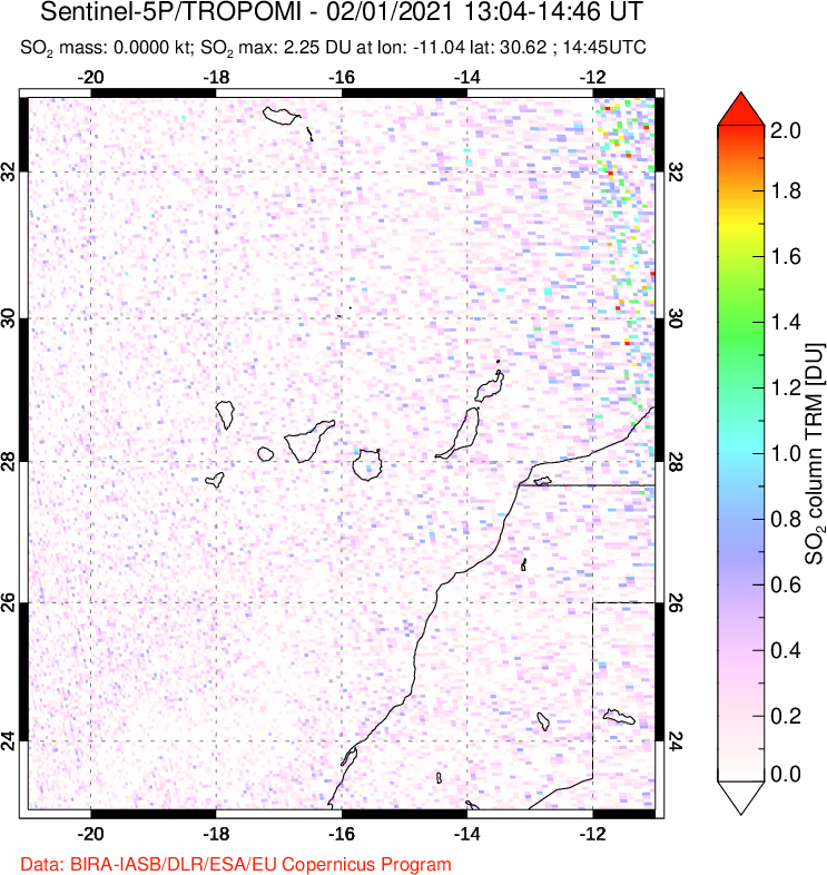 A sulfur dioxide image over Canary Islands on Feb 01, 2021.