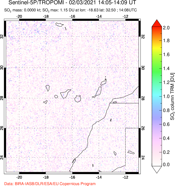 A sulfur dioxide image over Canary Islands on Feb 03, 2021.