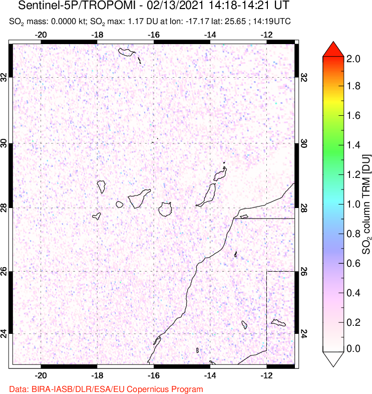 A sulfur dioxide image over Canary Islands on Feb 13, 2021.