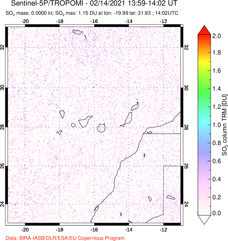A sulfur dioxide image over Canary Islands on Feb 14, 2021.
