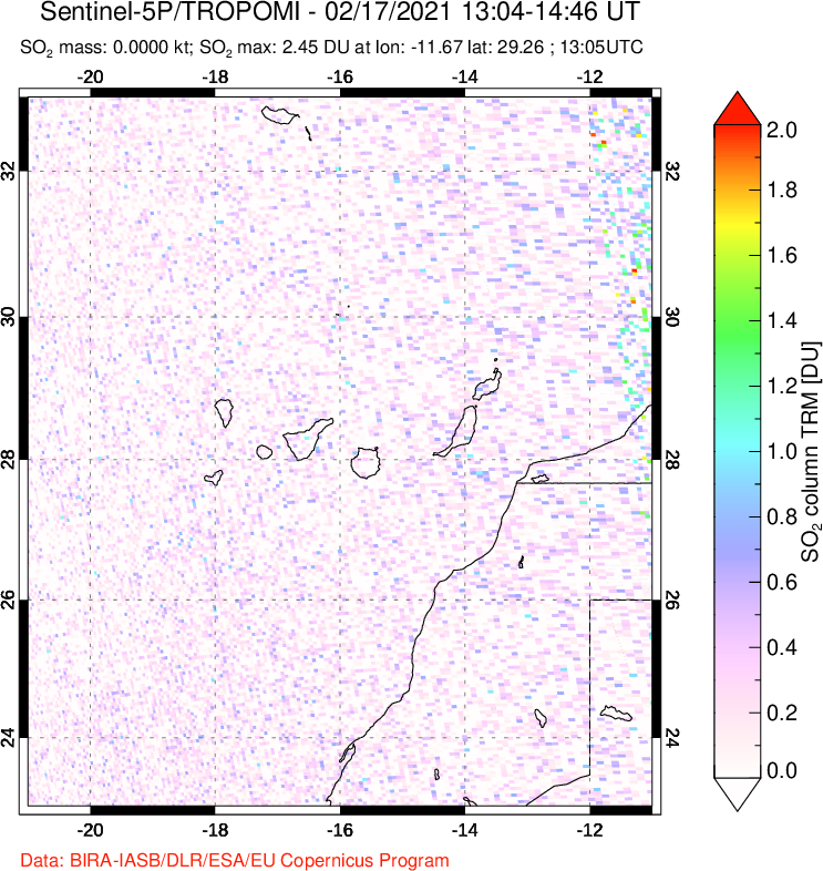 A sulfur dioxide image over Canary Islands on Feb 17, 2021.