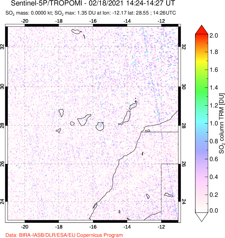 A sulfur dioxide image over Canary Islands on Feb 18, 2021.